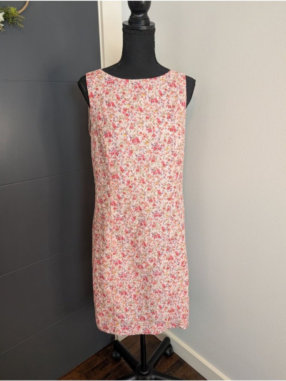 Vintage 90s B. Moss Embroidered Pink Floral Sleeveless Dress - Size 12 Pink